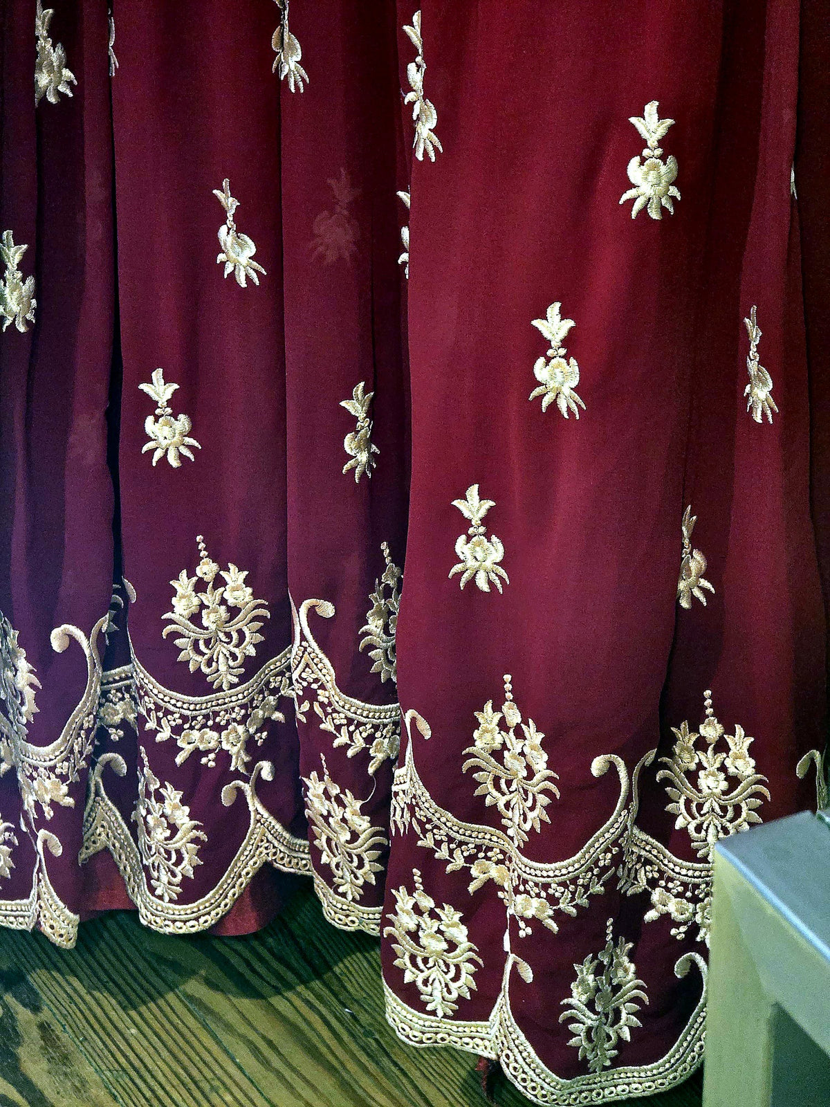 Maroon Georgette Anarkali Gown with Gold Floral Embroidery & Banarasi Dupatta