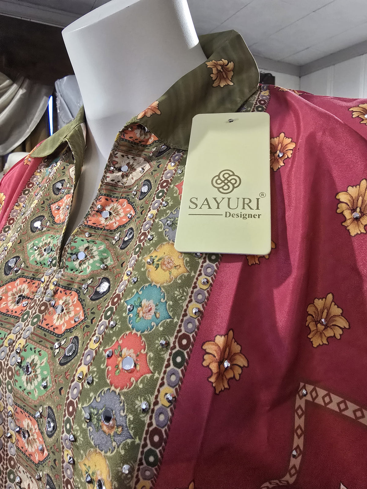 Sayuri Designer Two-Piece Kurta Set – Pink & Olive Green with Mirror Work