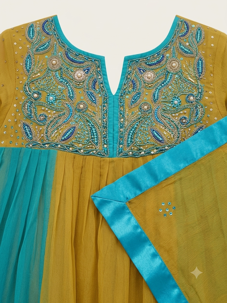 Blue Peacock Hand-Embroidered Chiffon Suit & Dupatta