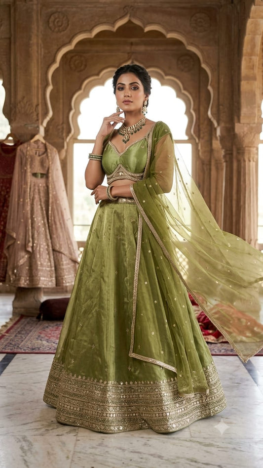 Olive Sage Green Ombre Shimmer Silk Lehenga Set