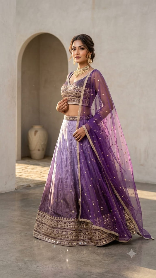 Royal Amethyst Ombre – Luxury Shimmer Silk Lehenga Set

A Regal Blend of Lilac, Lavender & Deep Royal Purple

Step into elegance with the breathtaking Royal Amethyst Ombre Lehenga Set, a luxurious three-piece ensemble designed for the woman who loves time