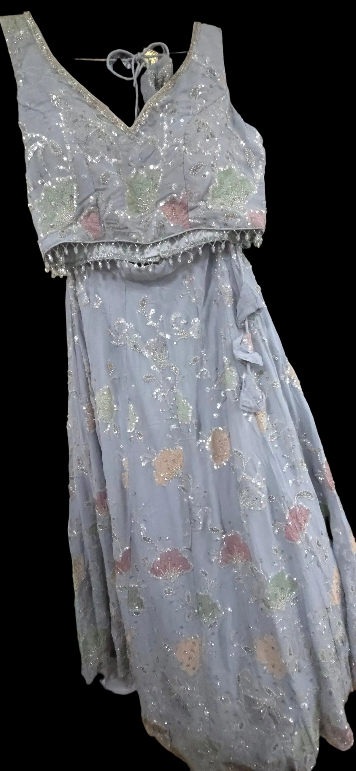 Serenity in Ice Blue – Hand-Embroidered Chiffon Lehenga Set with Shimmer Silk Dupatta