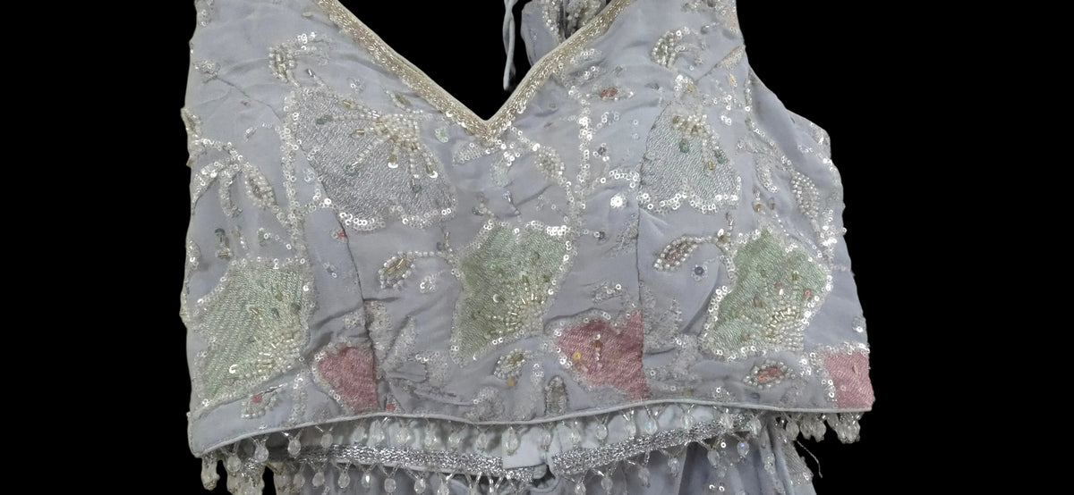 Serenity in Ice Blue – Hand-Embroidered Chiffon Lehenga Set with Shimmer Silk Dupatta