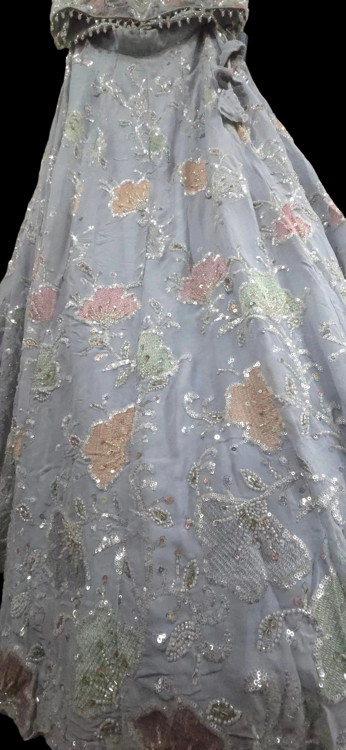 Serenity in Ice Blue – Hand-Embroidered Chiffon Lehenga Set with Shimmer Silk Dupatta
