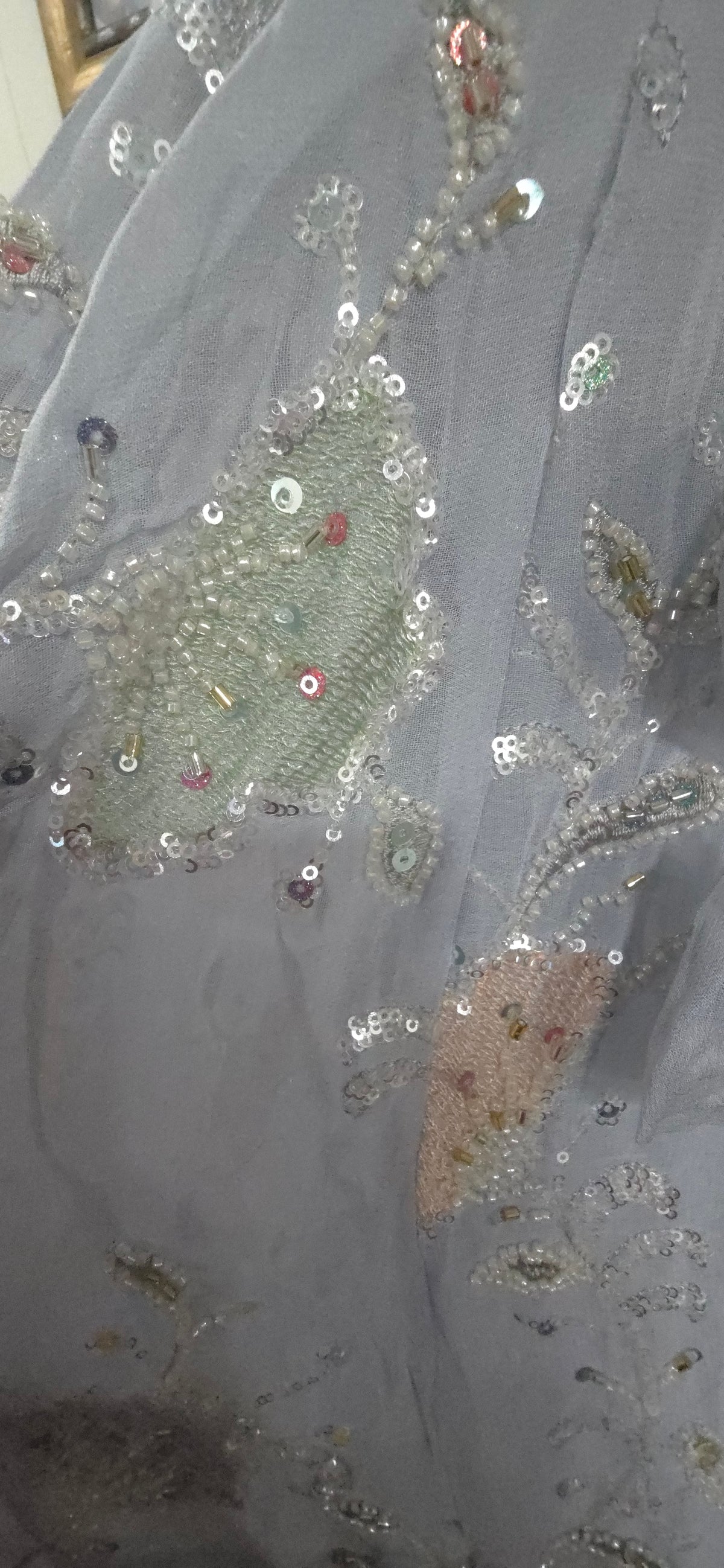 Serenity in Ice Blue – Hand-Embroidered Chiffon Lehenga Set with Shimmer Silk Dupatta