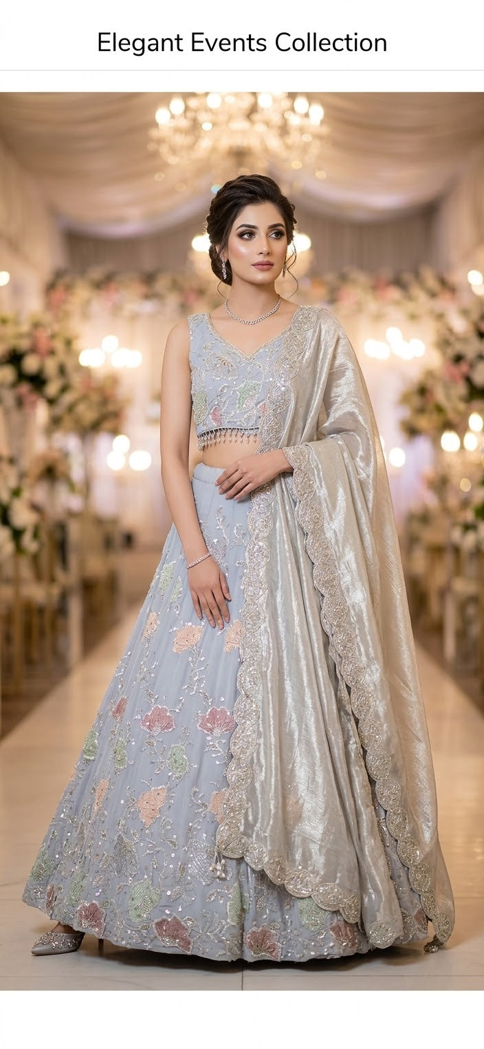 Serenity in Ice Blue – Hand-Embroidered Chiffon Lehenga Set with Shimmer Silk Dupatta