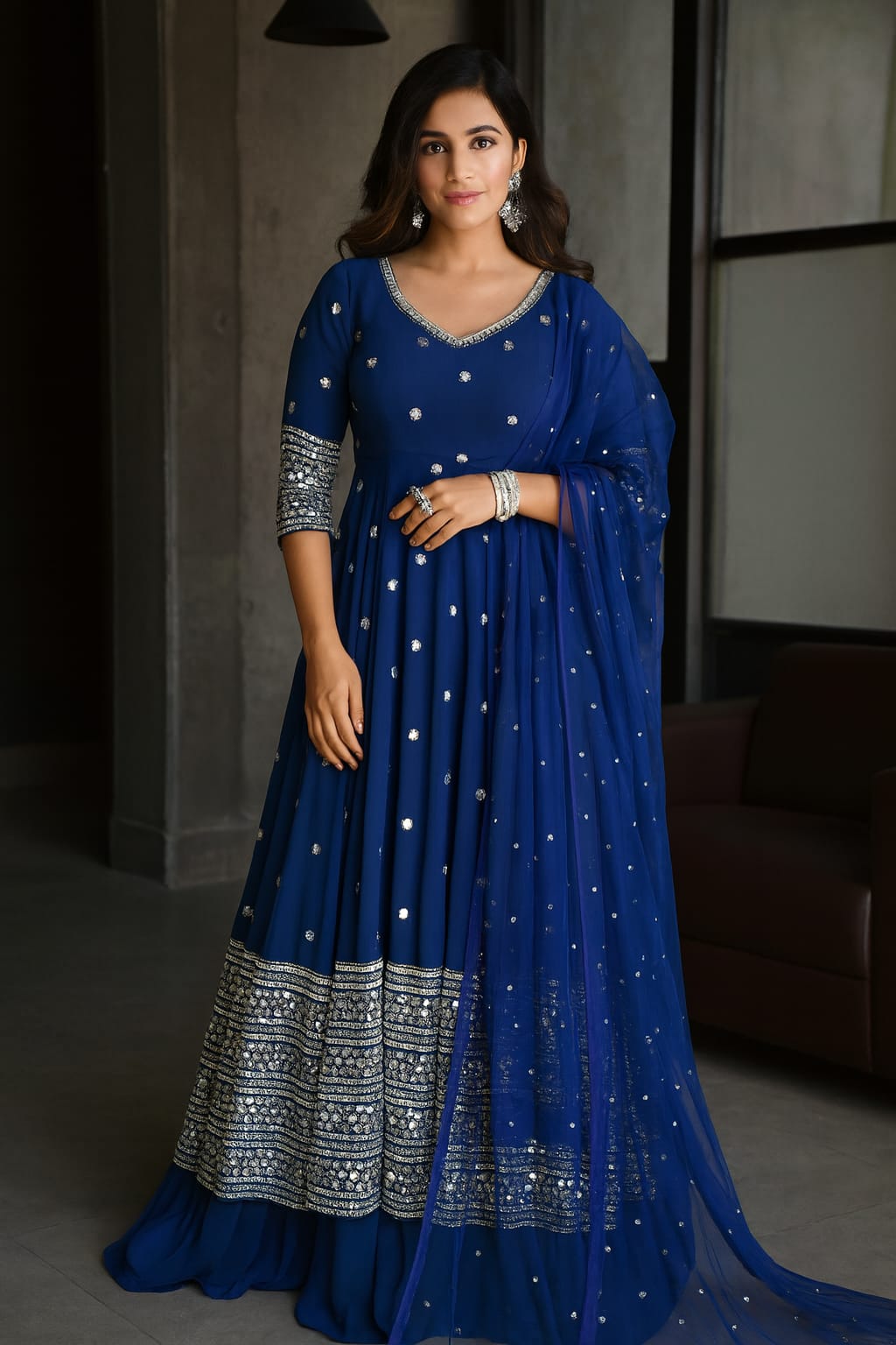 Moonlight Sapphire Elegance – Chiffon Anarkali & Flowy Sharara Set