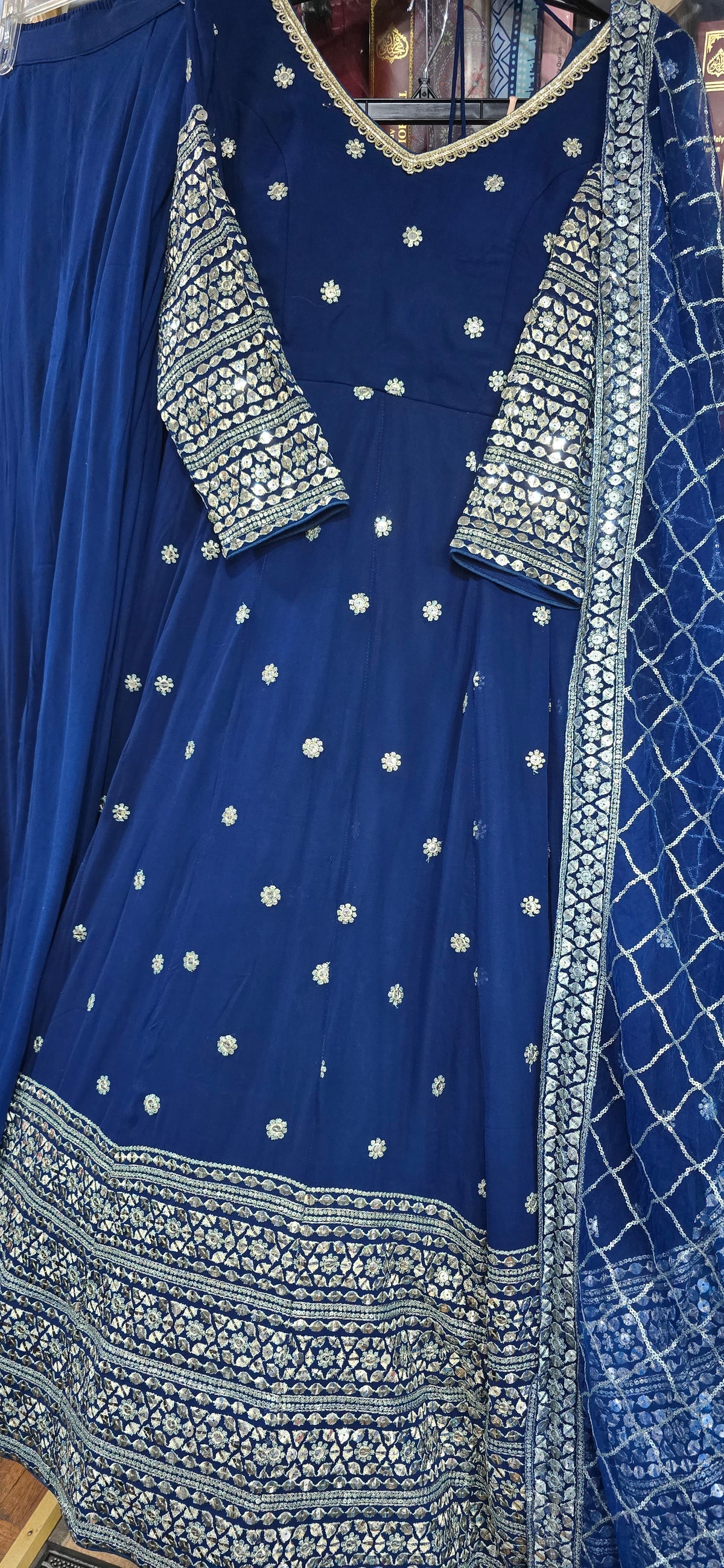 Moonlight Sapphire Elegance – Chiffon Anarkali & Flowy Sharara Set