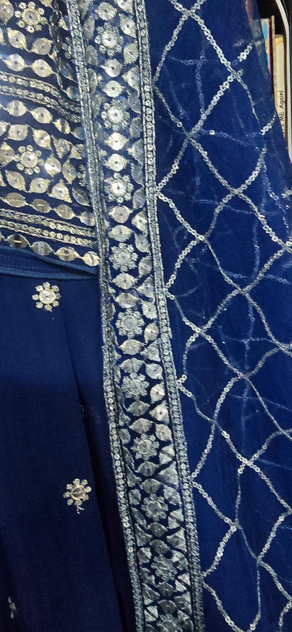 Moonlight Sapphire Elegance – Chiffon Anarkali & Flowy Sharara Set