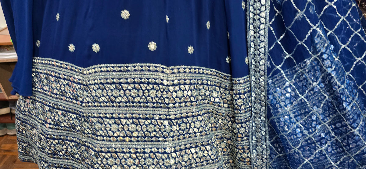 Moonlight Sapphire Elegance – Chiffon Anarkali & Flowy Sharara Set