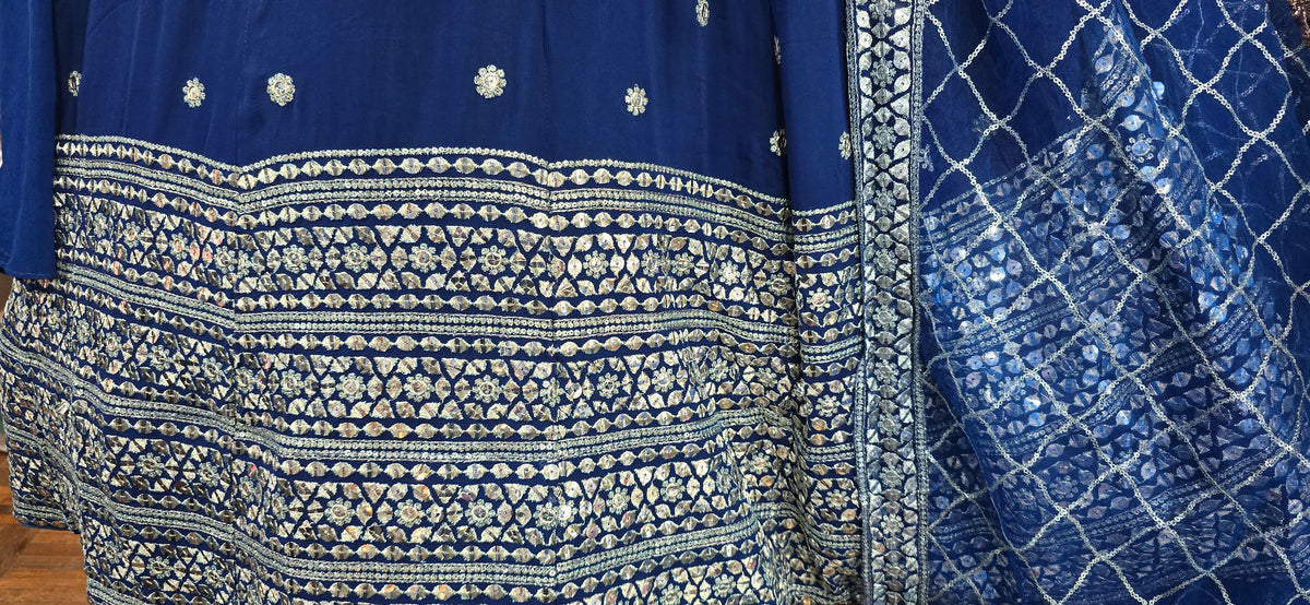Moonlight Sapphire Elegance – Chiffon Anarkali & Flowy Sharara Set
