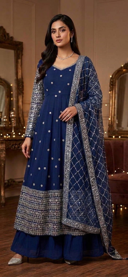 Moonlight Sapphire Elegance – Chiffon Anarkali & Flowy Sharara Set