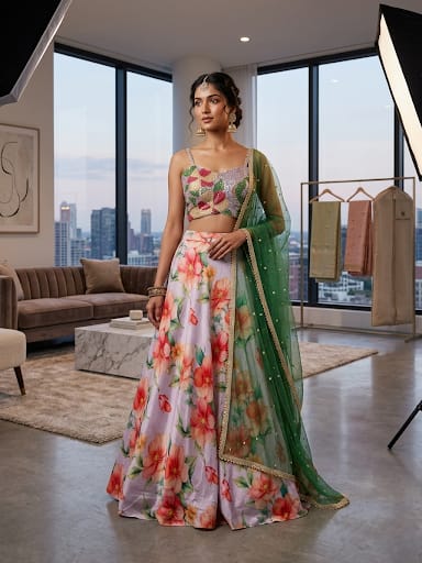 Beautiful sequence & beaded blouse with pure silk langha net dubatta set