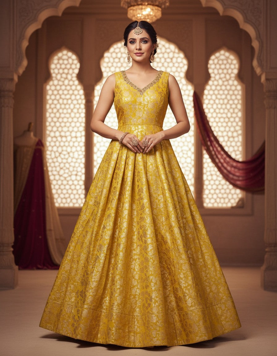 Royal Banarasi Full-Length Gown | Embellished V-Neck Evening Dress (TheAmyCollection)