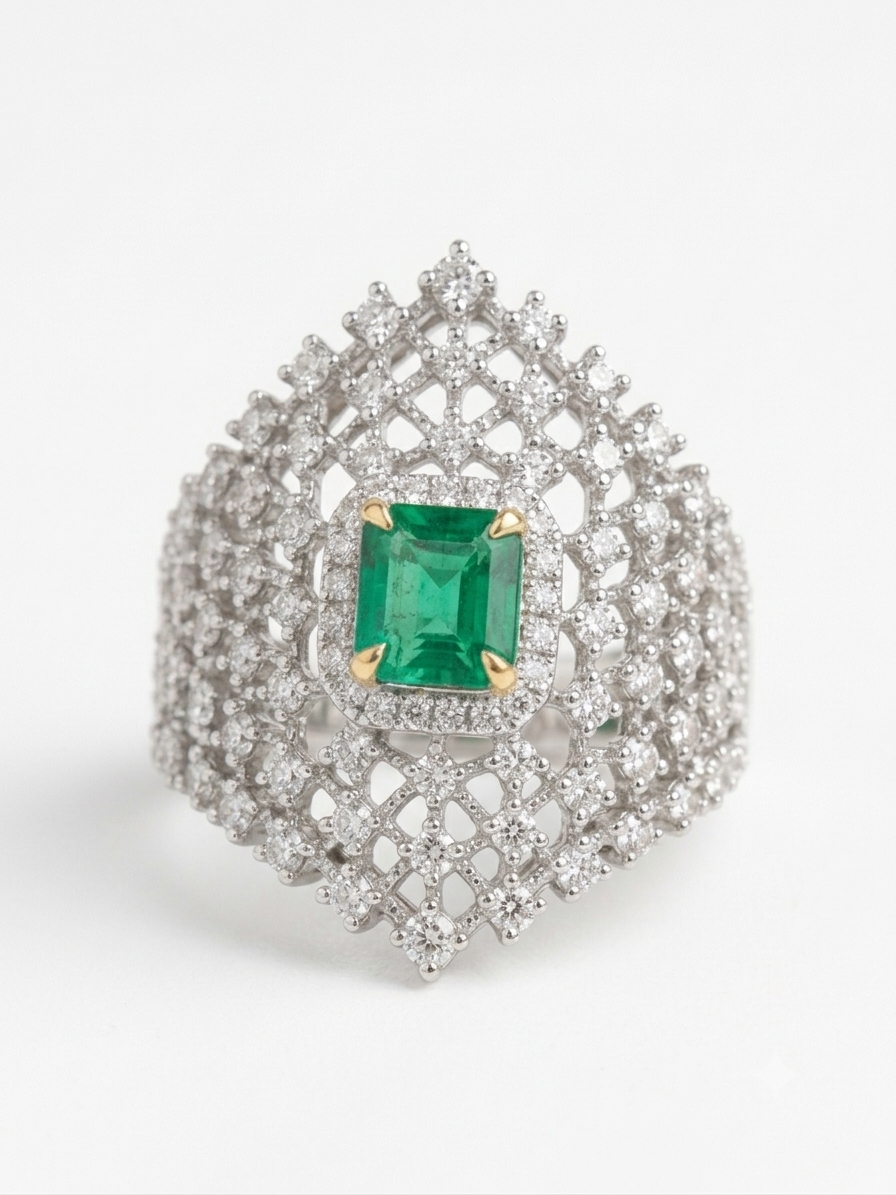 Silver Tone Vintage-Style Cluster Ring with Green Accent Center – Size 8