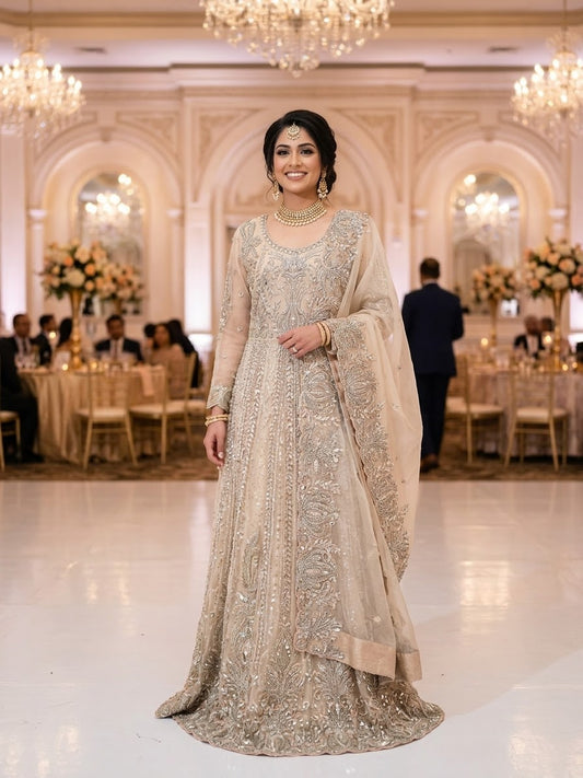 Soft Peach Heavily Embellished Anarkali Maxi Dress with Dupatta – Gold & Silver Work