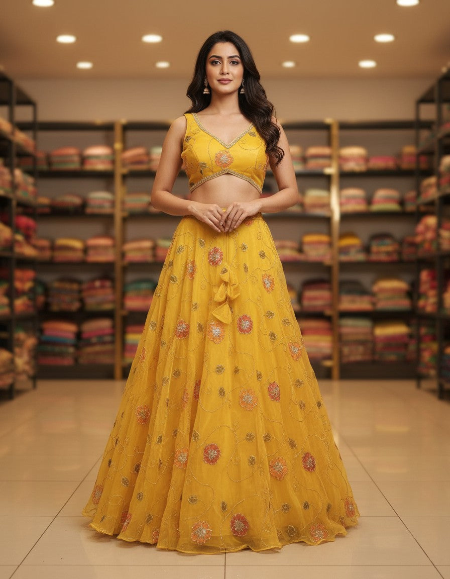 Luxury Hand-Painted Organza Lehenga Set with Embellished Choli & Dupatta