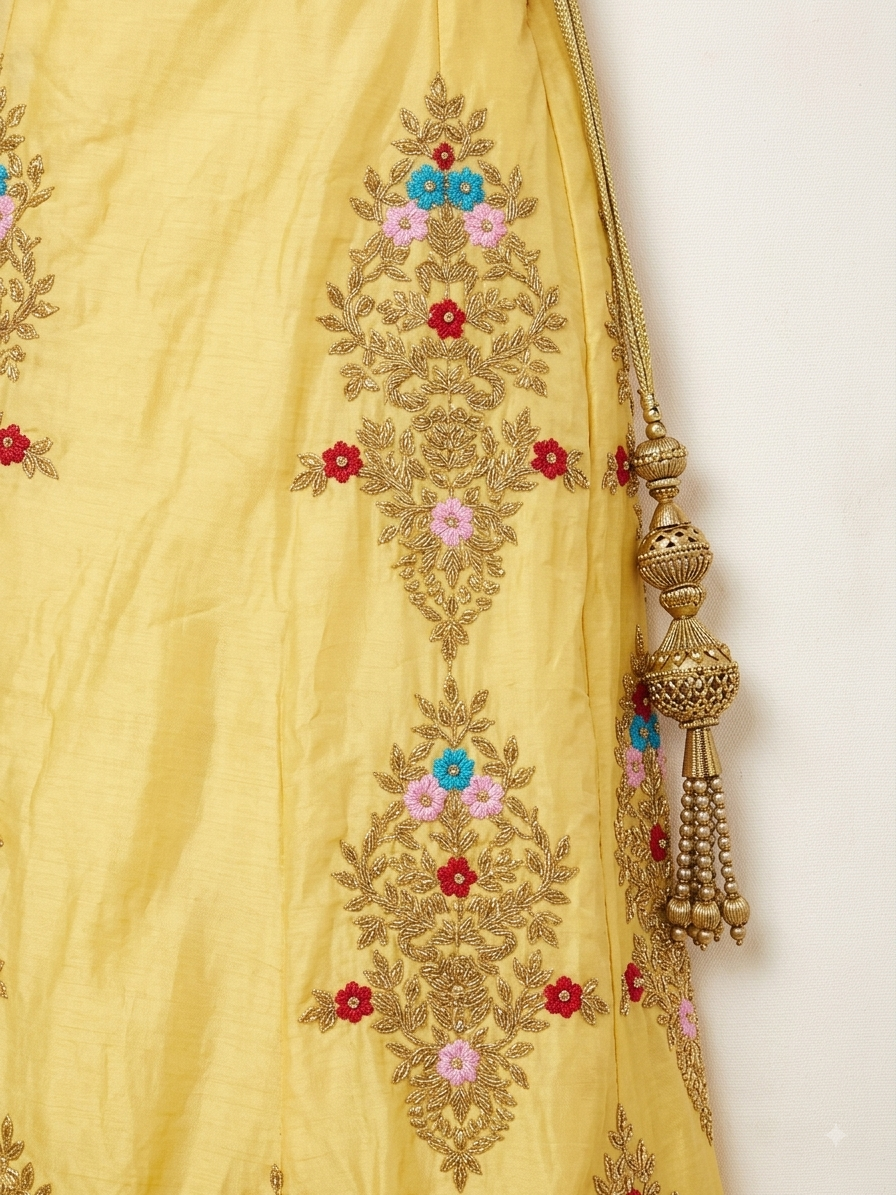 Yellow Embroidered Silk Lehenga Set with Blue Choli Azim Fashions
