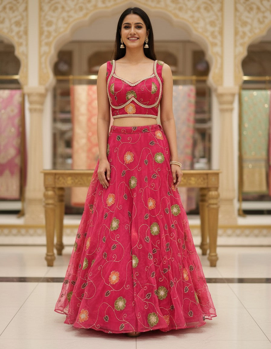 Luxury Hand-Painted Organza Lehenga Set with Embellished Choli & Dupatta