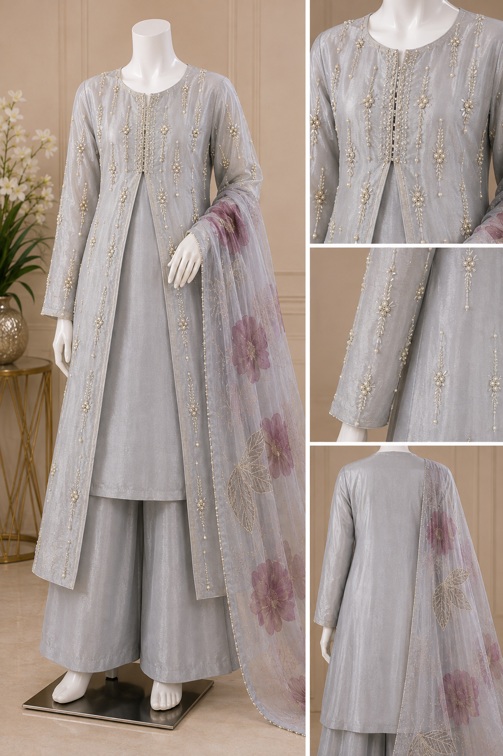Silver Gray Shisha Silk Three-Piece Ensemble