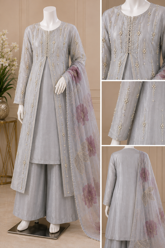 Silver Gray Shisha Silk Three-Piece Ensemble