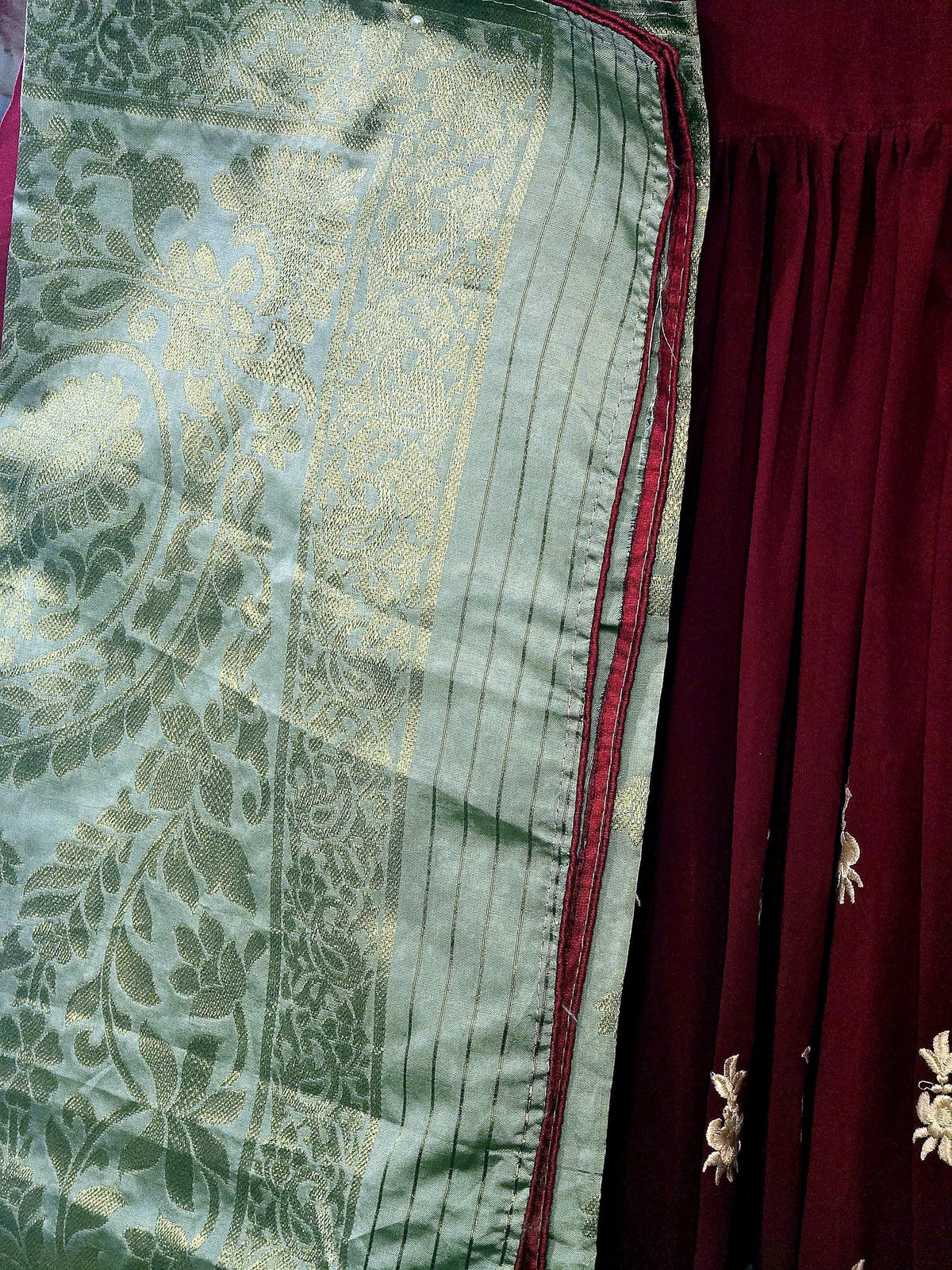 Maroon Georgette Anarkali Gown with Gold Floral Embroidery & Banarasi Dupatta