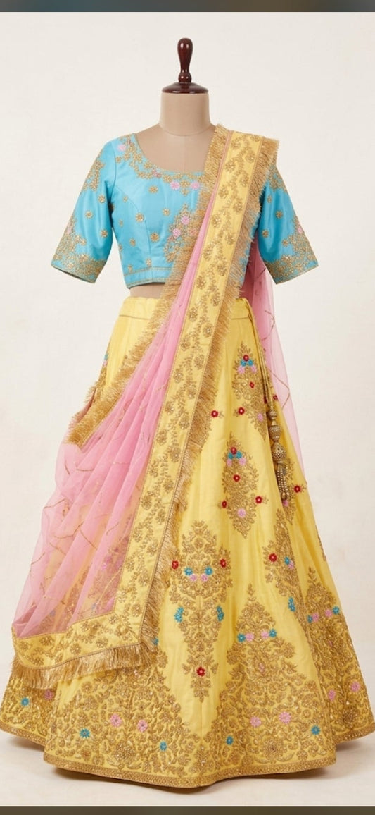 Yellow Embroidered Silk Lehenga Set with Blue Choli Azim Fashions