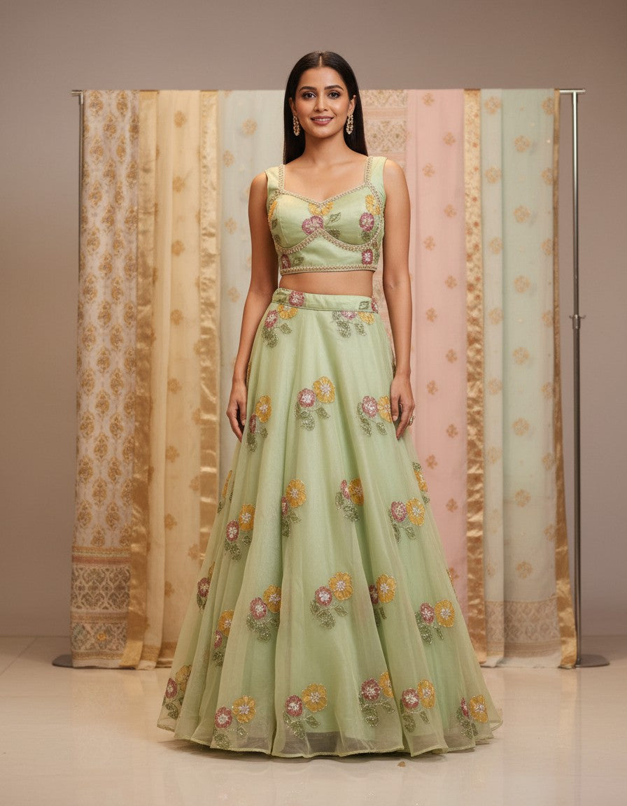 Luxury Hand-Painted Organza Lehenga Set with Embellished Choli & Dupatta