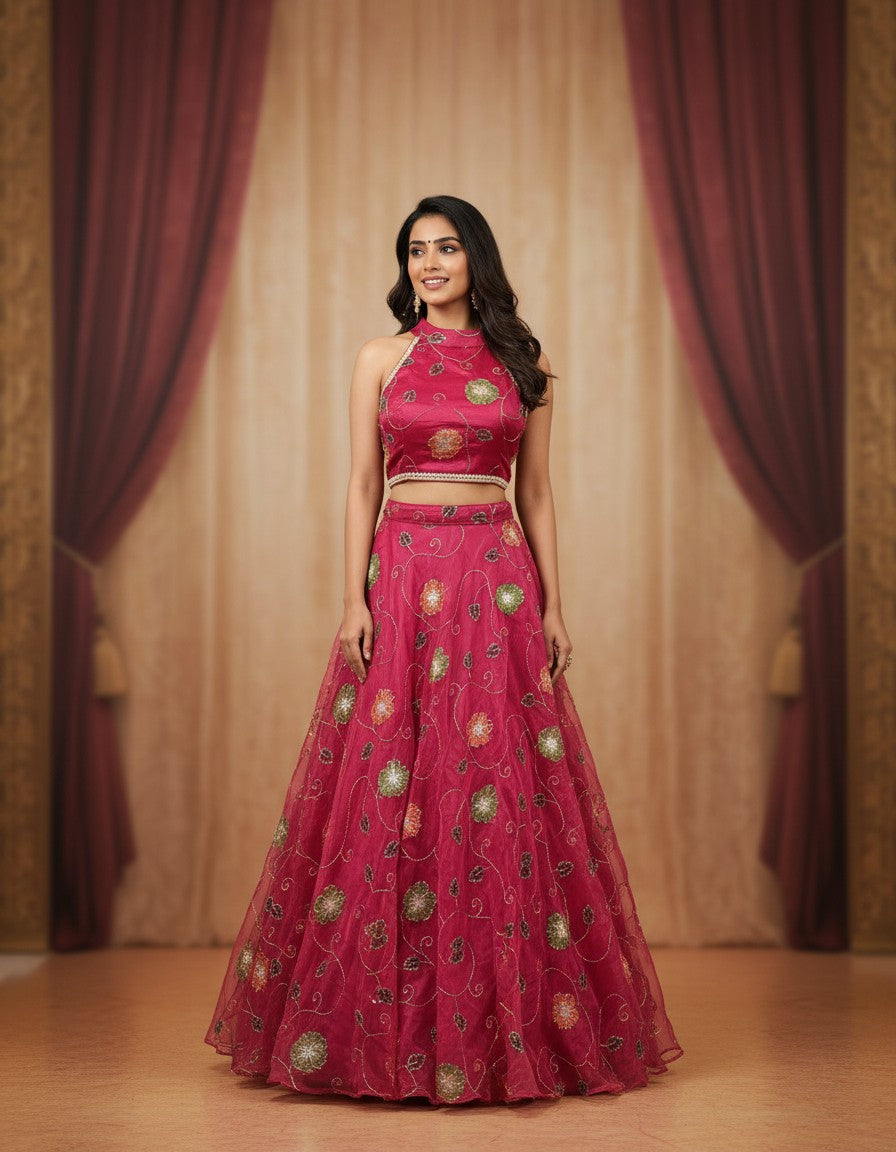 Luxury Hand-Painted Organza Lehenga Set with Embellished Choli & Dupatta
