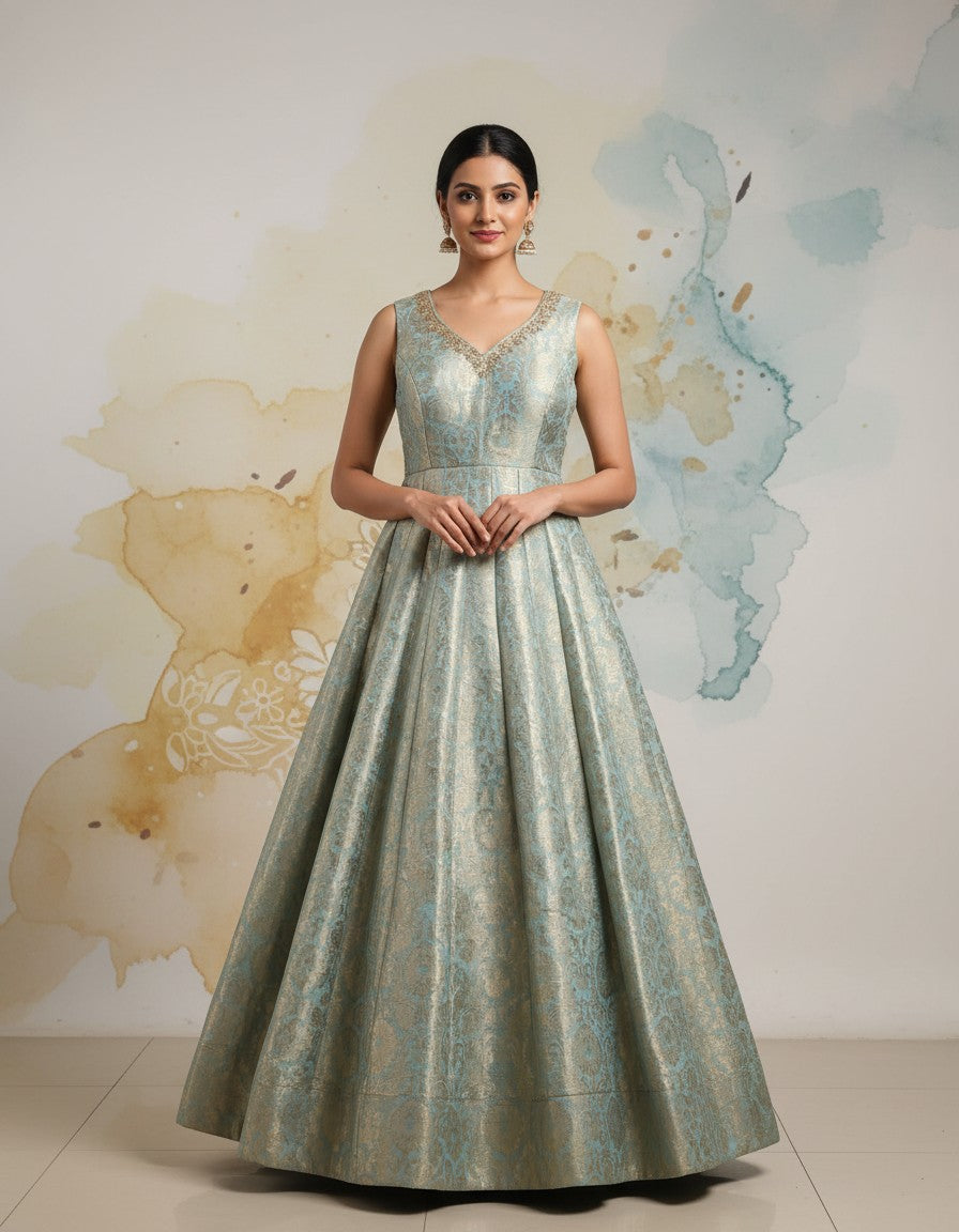Royal Banarasi Full-Length Gown | Embellished V-Neck Evening Dress (TheAmyCollection)