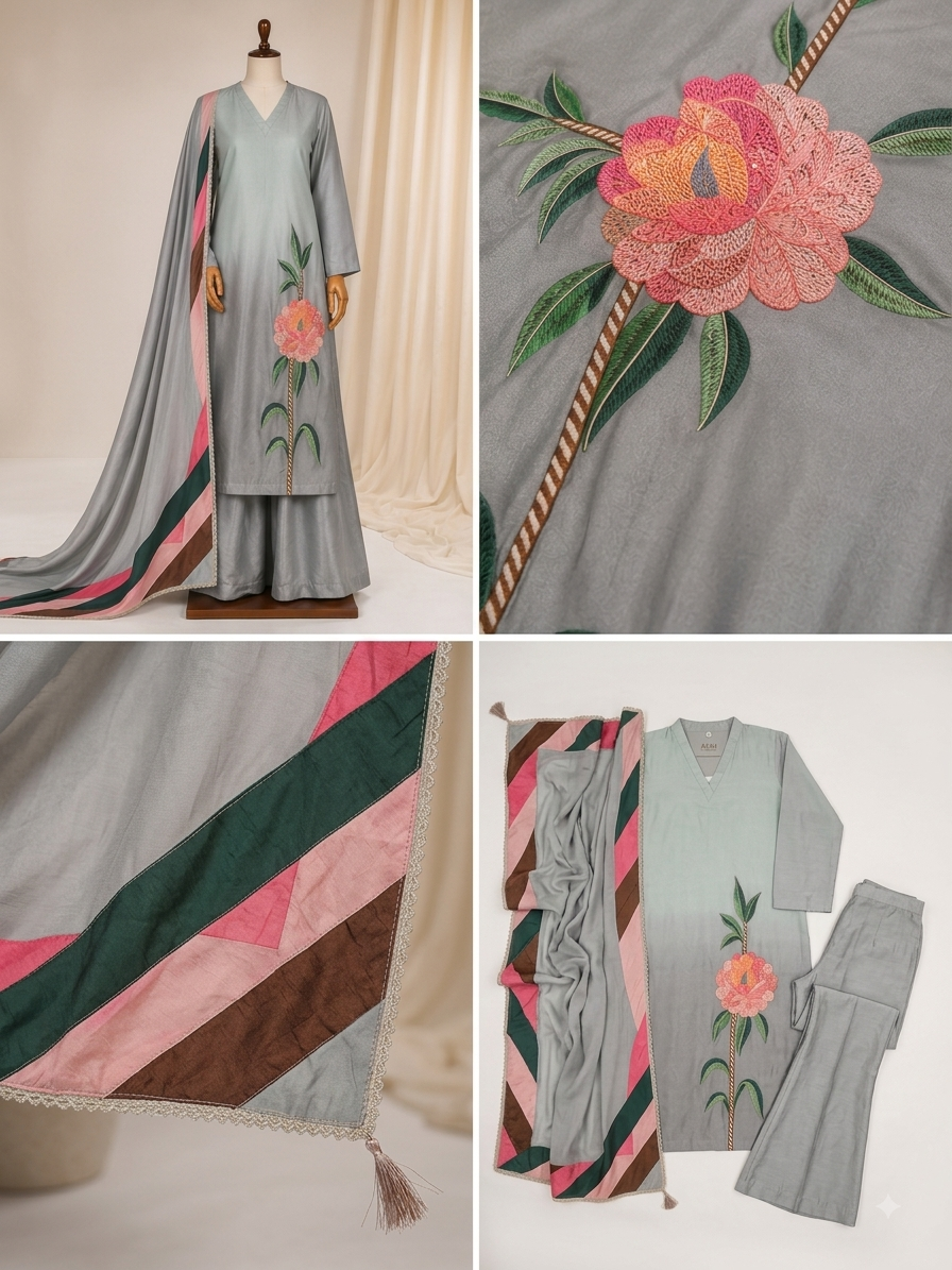 Azim Fashions - Ombre Floral Shisha Silk Suit Set (3-Piece)