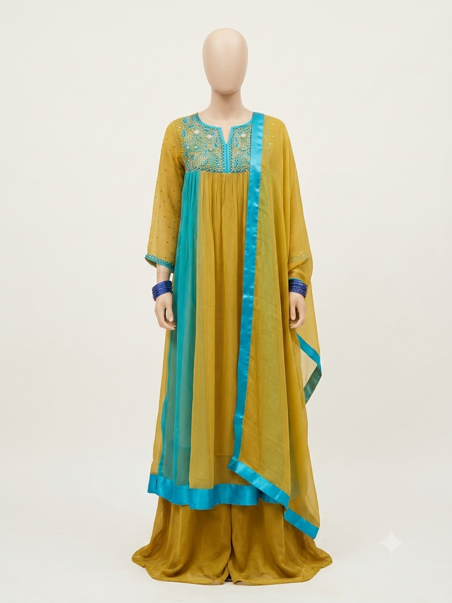 Blue Peacock Hand-Embroidered Chiffon Suit & Dupatta