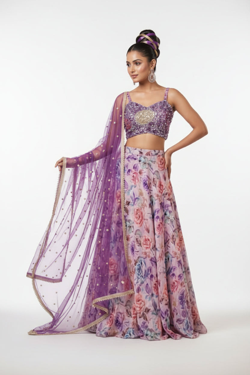 Beautiful sequence & beaded blouse with pure silk langha net dubatta set