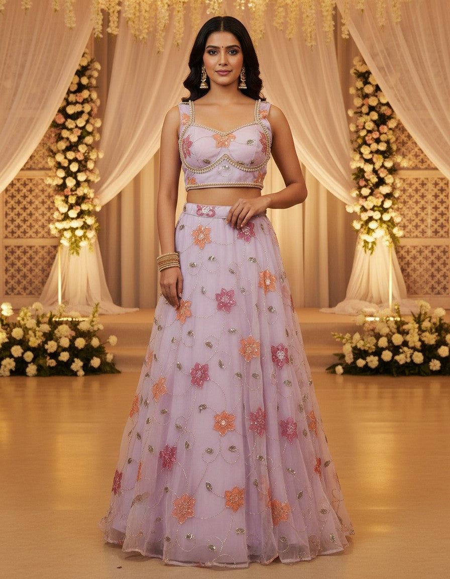 Luxury Hand-Painted Organza Lehenga Set with Embellished Choli & Dupatta