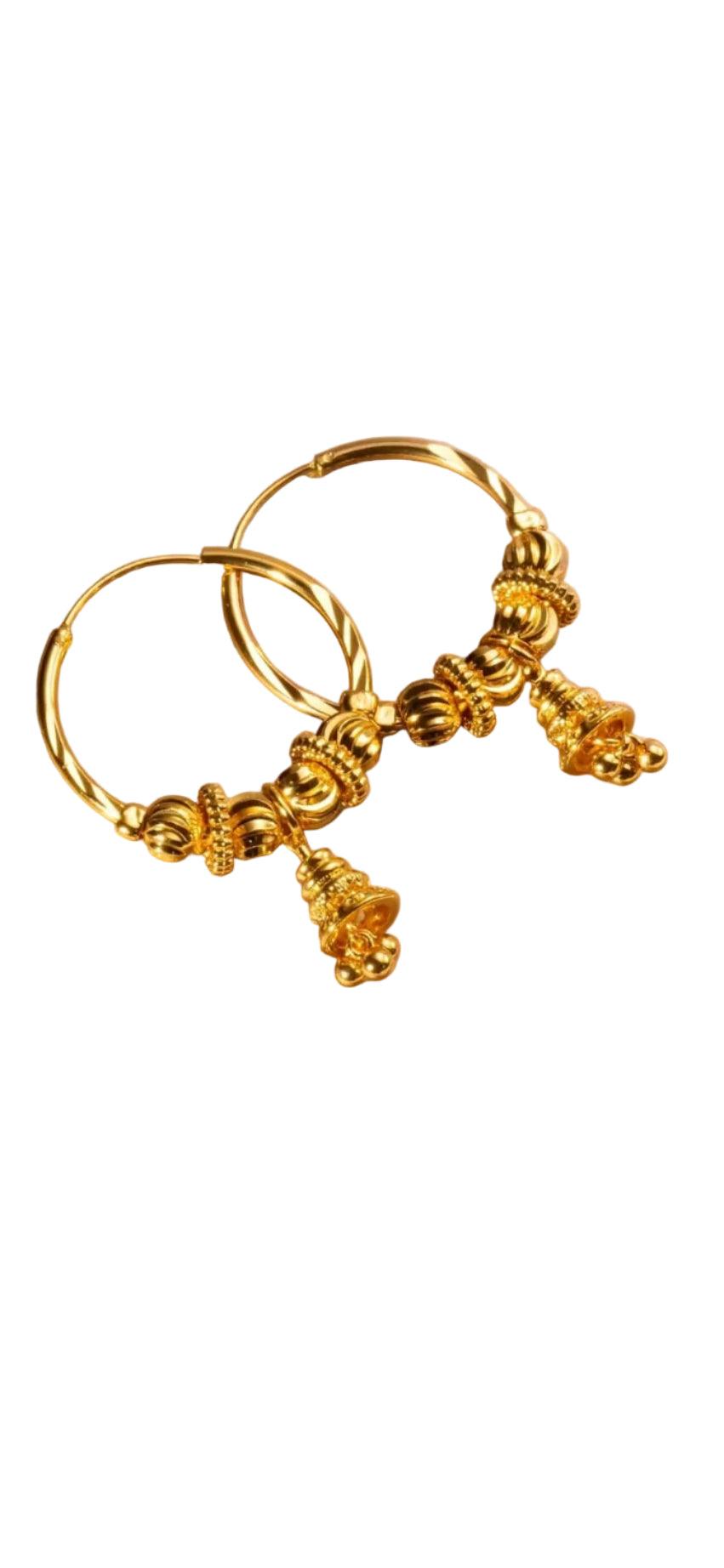 Traditional Gold Hoop Earrings with Textured Jhumka Beads