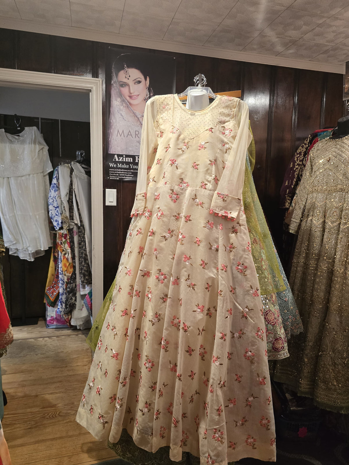 Cream Floral Embroidered Anarkali Gown with Rhinestone Bodice