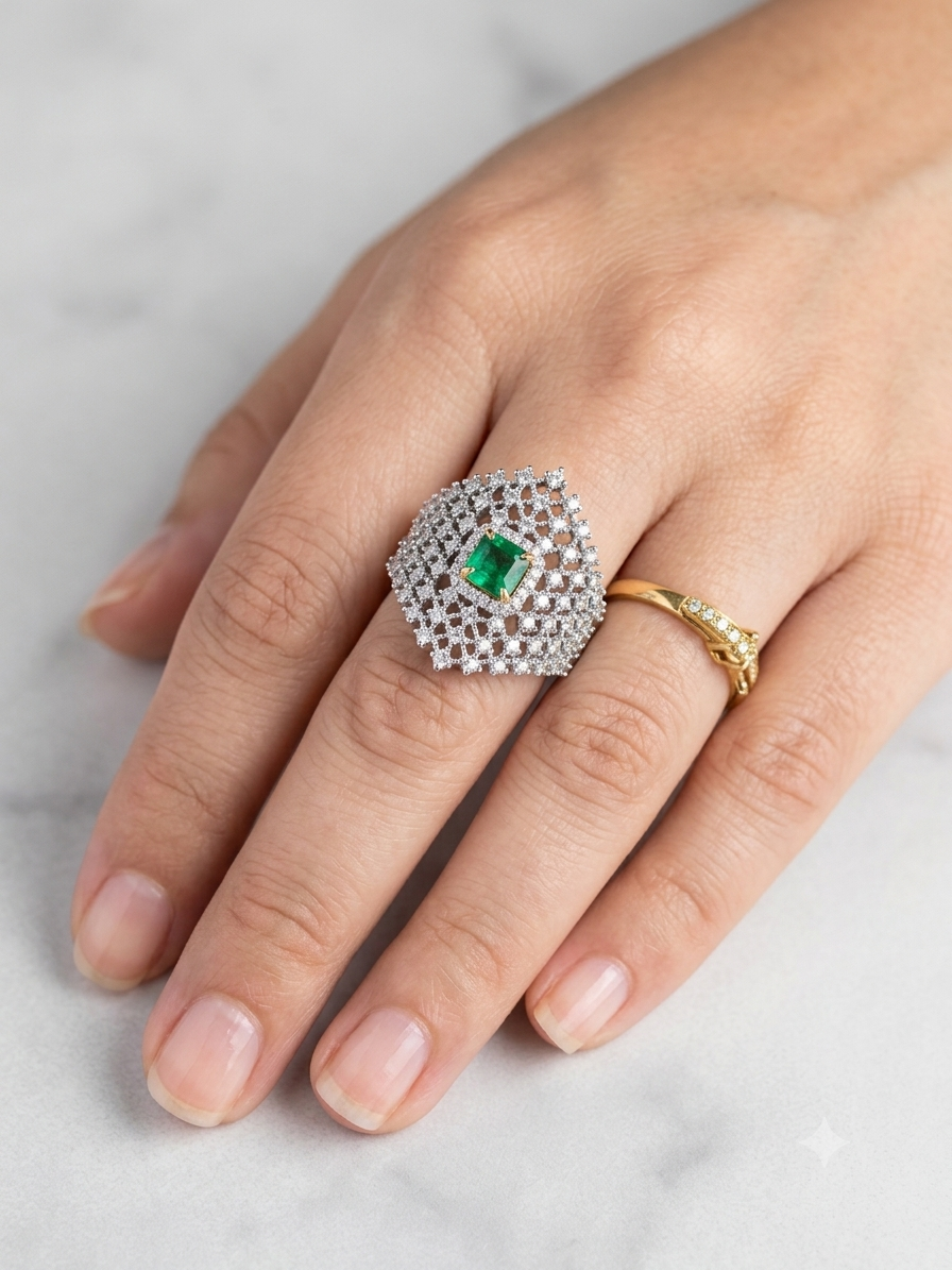Silver Tone Vintage-Style Cluster Ring with Green Accent Center – Size 8