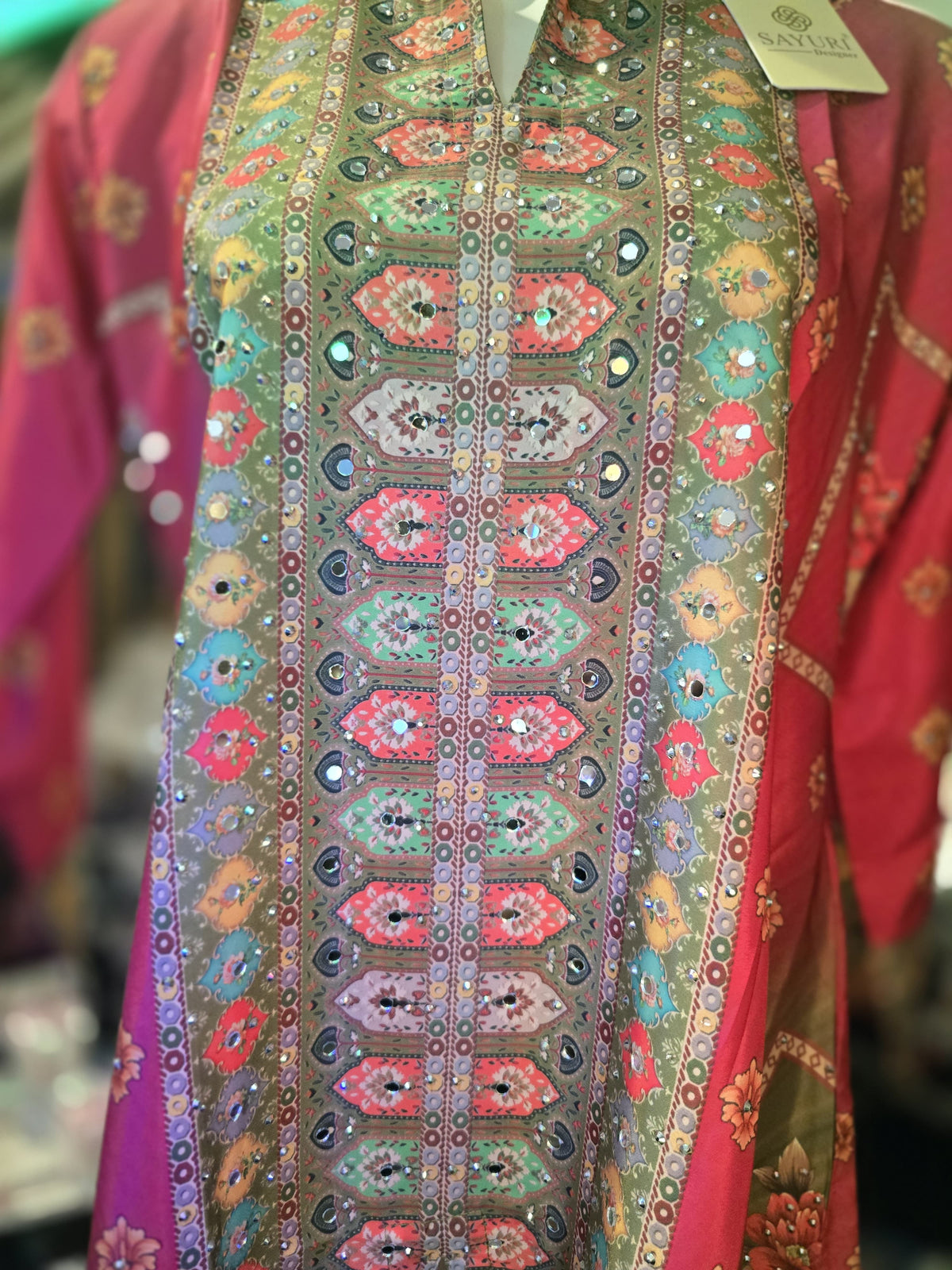 Sayuri Designer Two-Piece Kurta Set – Pink & Olive Green with Mirror Work