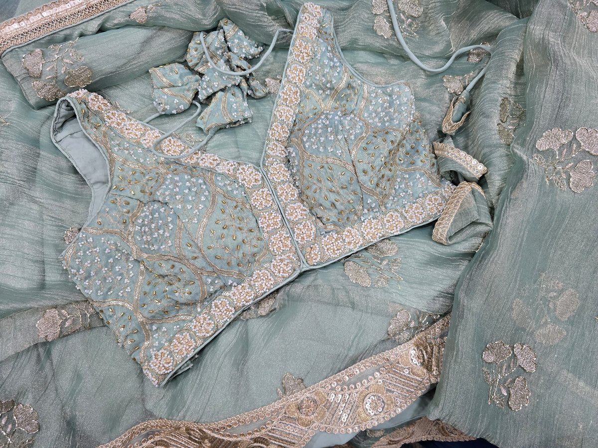 Luxury Milky Lilac Crushed Organza Hand-Embroidered Lehenga Set