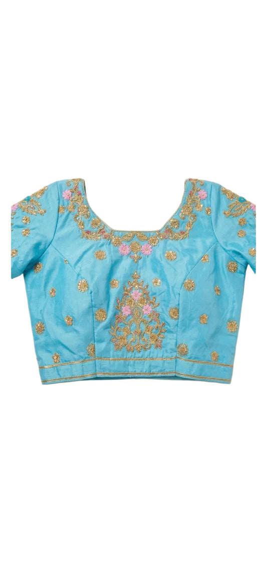 Yellow Embroidered Silk Lehenga Set with Blue Choli Azim Fashions