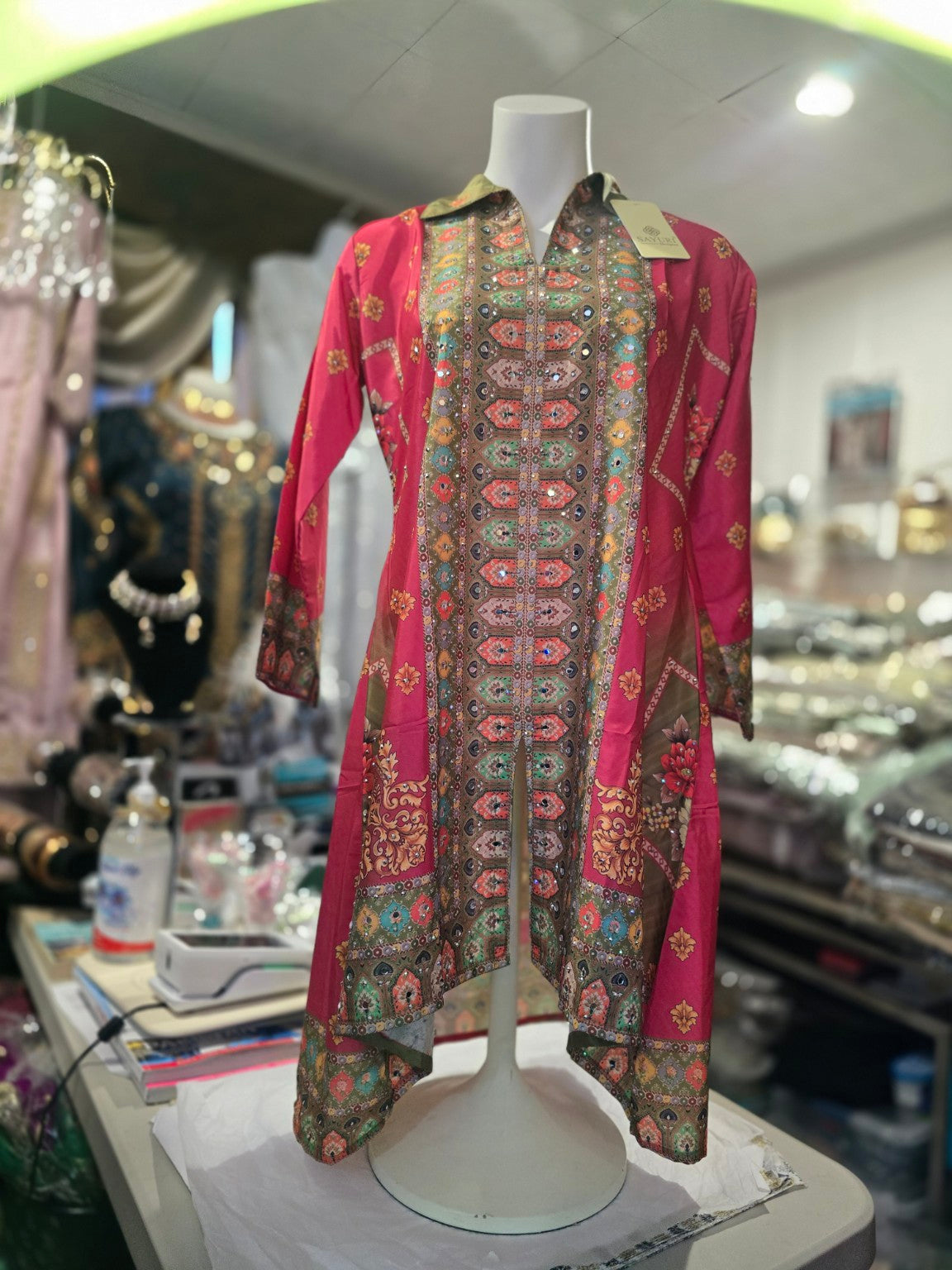 Sayuri Designer Two-Piece Kurta Set – Pink & Olive Green with Mirror Work