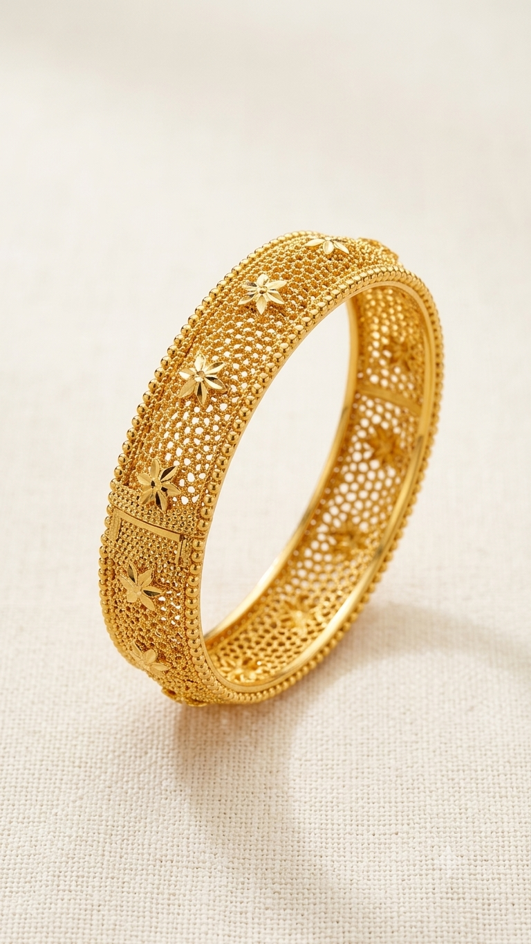 Exquisite Floral Mesh Gold Bangle | Traditional Statement Kara Bracelet