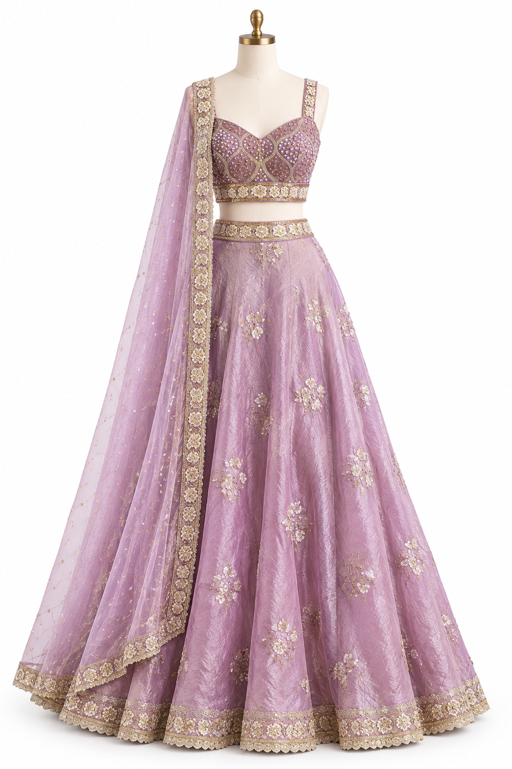 Luxury Milky Lilac Crushed Organza Hand-Embroidered Lehenga Set