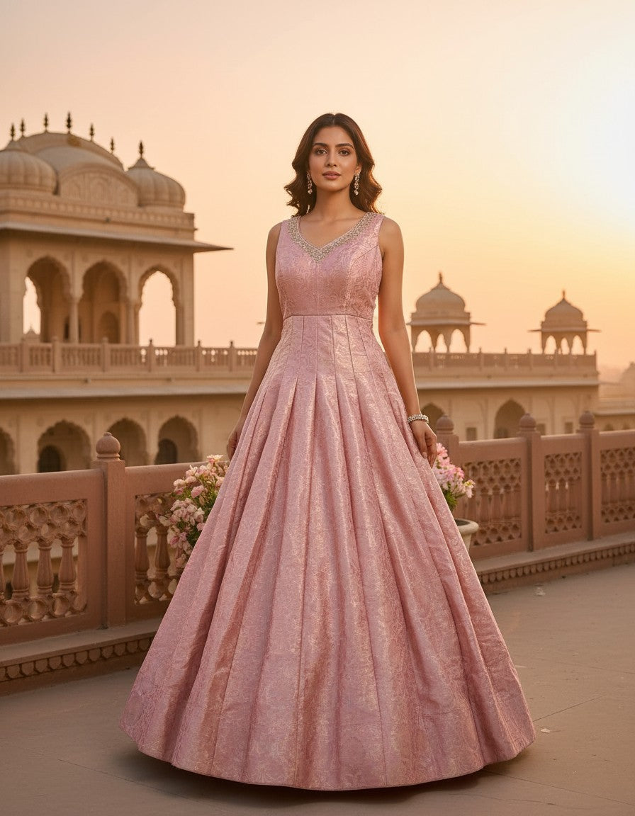 Royal Banarasi Full-Length Gown | Embellished V-Neck Evening Dress (TheAmyCollection)