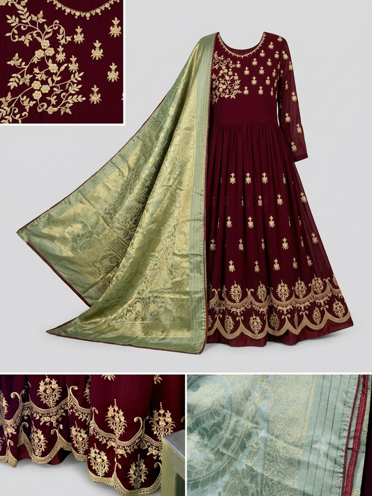Maroon Georgette Anarkali Gown with Gold Floral Embroidery & Banarasi Dupatta