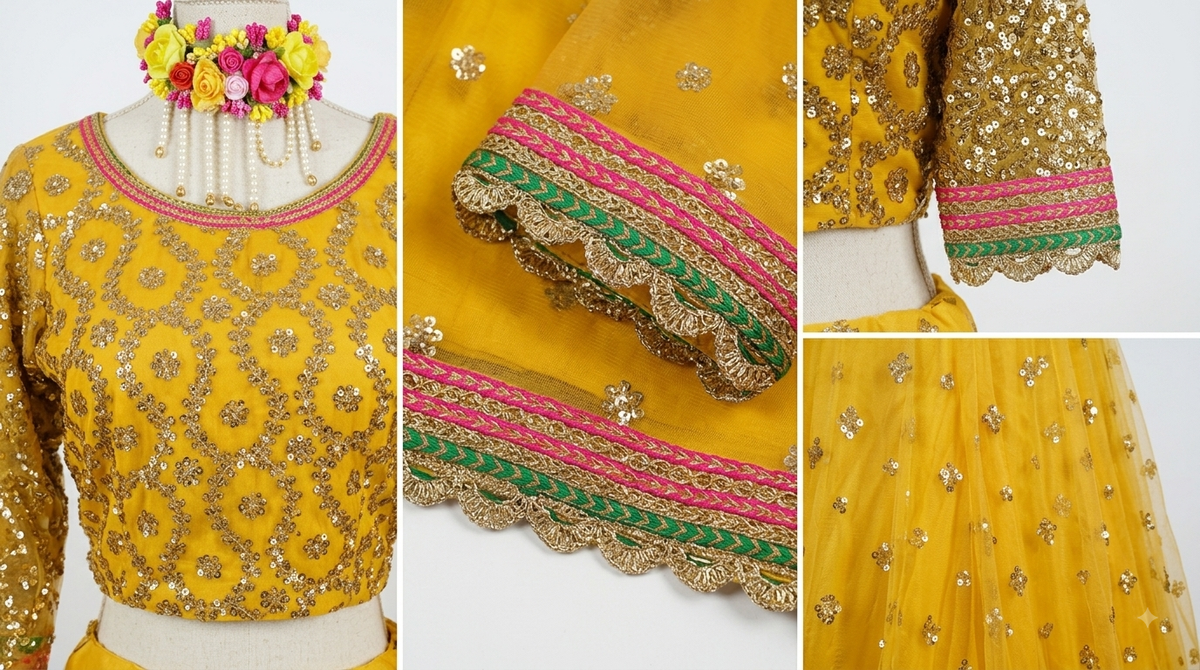 Vibrant Mustard Yellow & Gold Sequin Embroidered Lehenga Choli Set