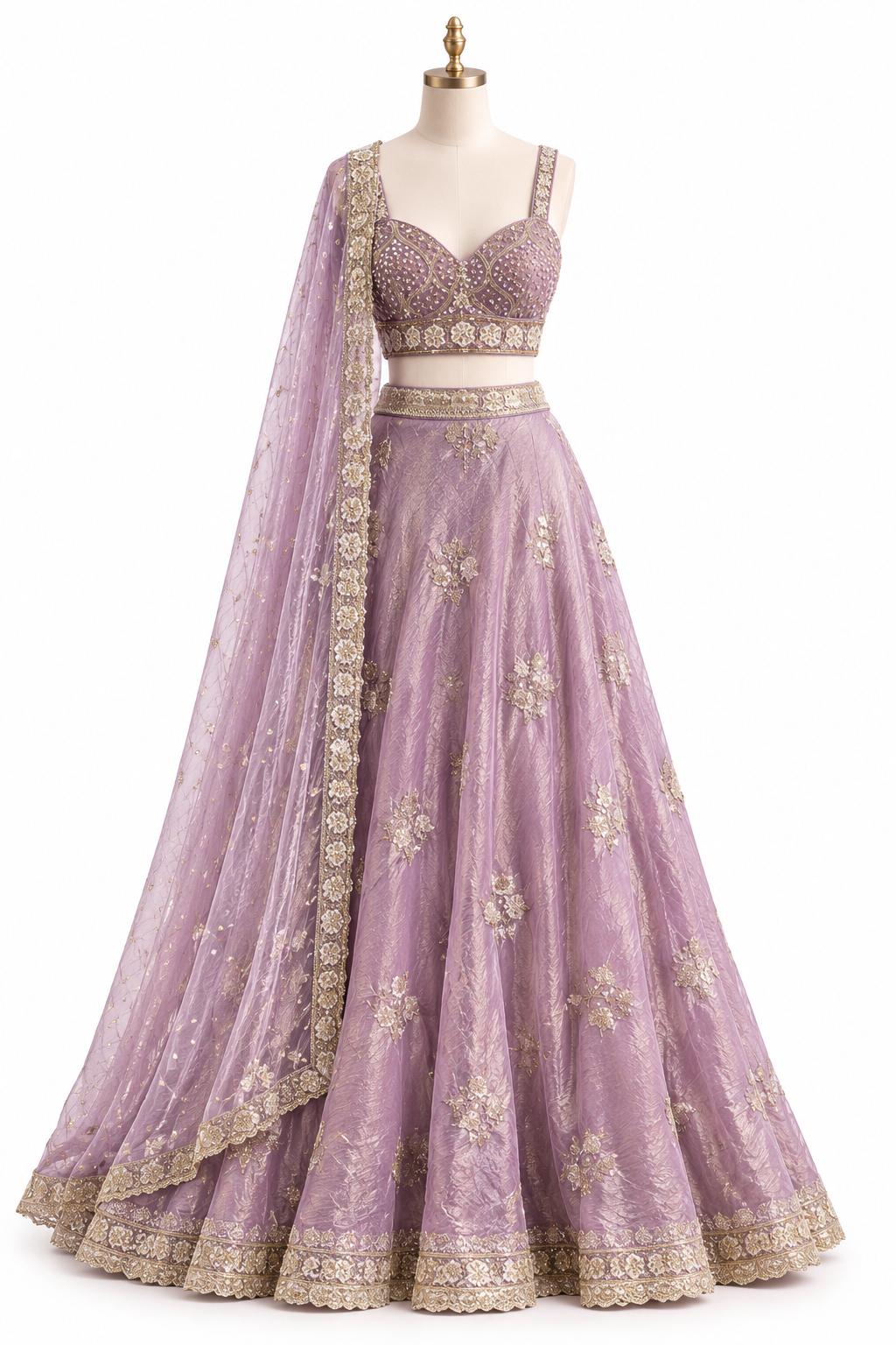 Luxury Milky Lilac Crushed Organza Hand-Embroidered Lehenga Set