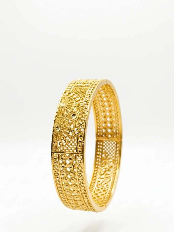 Exquisite Gold-Tone Filigree Kara Bangle Pair – Traditional Intricate Openwork Cutout Bangle