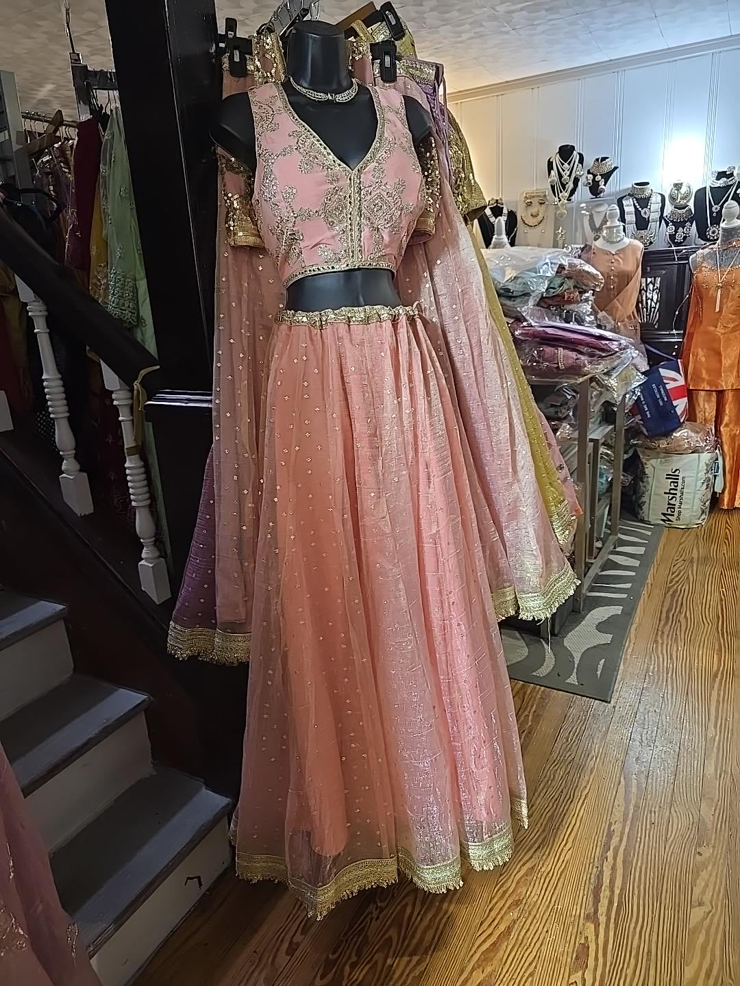 Peachy Pink Lehenga Set with Gold Embellishments