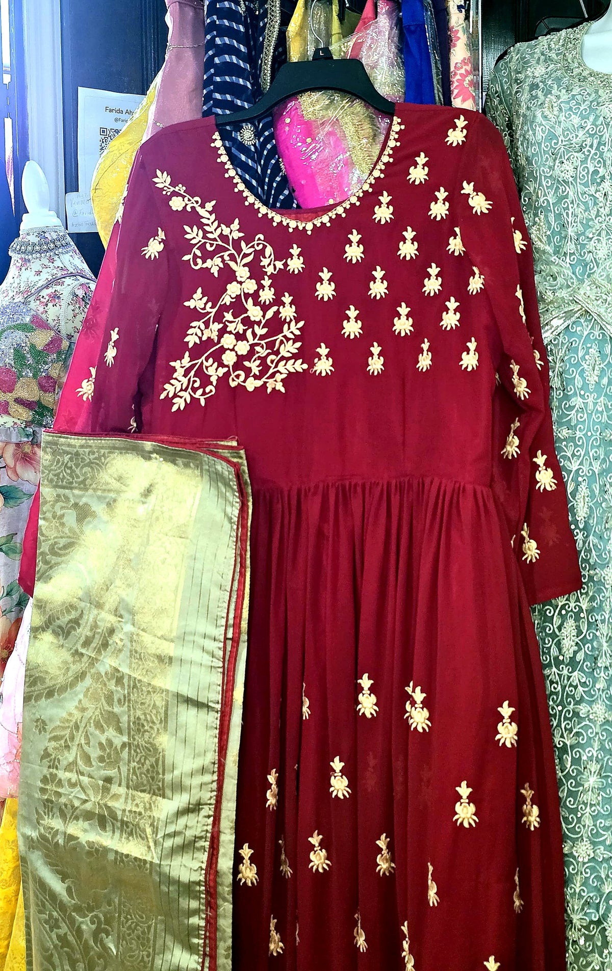 Maroon Georgette Anarkali Gown with Gold Floral Embroidery & Banarasi Dupatta
